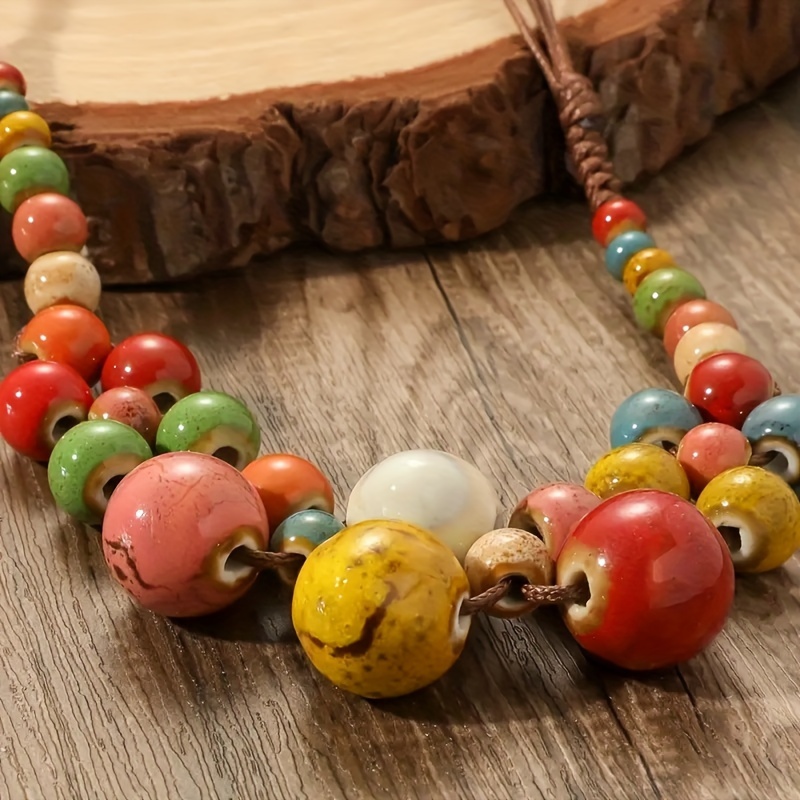 Bohemian Ceramic Bead Necklace Adjustable Chain Handcrafted Ethnic Jewelry